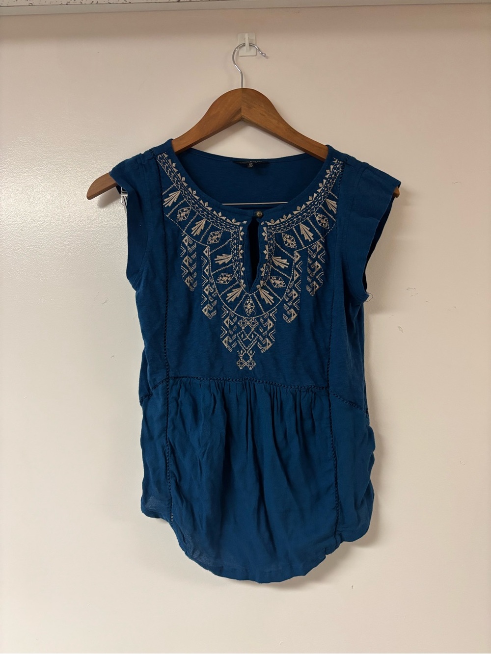 Lucky Brand Boho Embroidered Scoop Neck Top Teal Blue Size XS